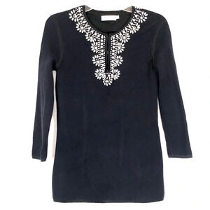 Tory Burch Navy Blue Beaded Long Sleeve Tunic Sweater XS